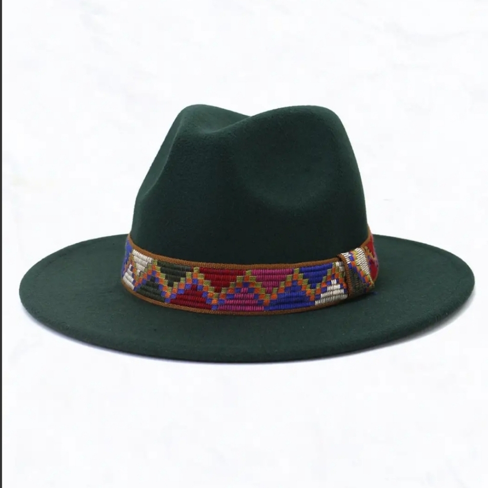 Brand new never worn. Green Fedora with multi color band